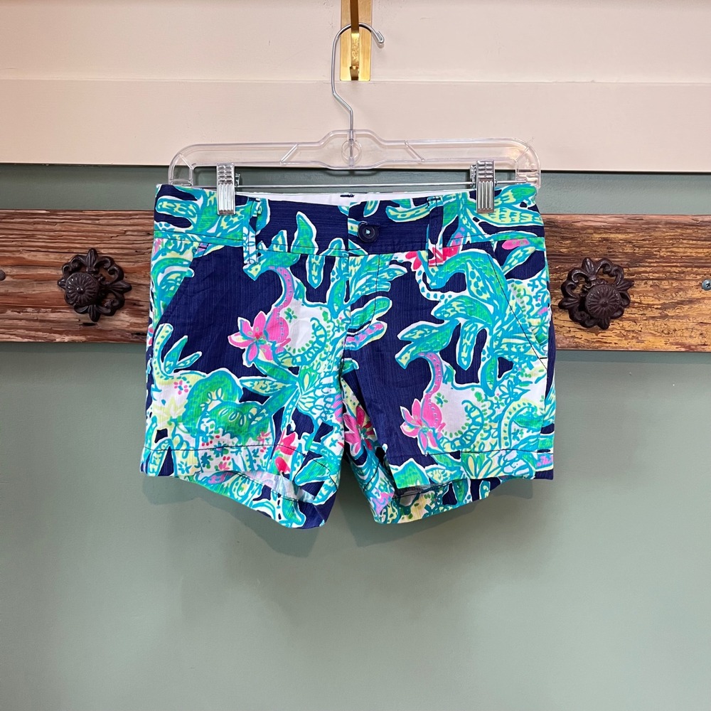 Lilly Pulitzer‎ Callahan Shorts Size 0 Navy Blue Green Pink Tropical Floral 5in